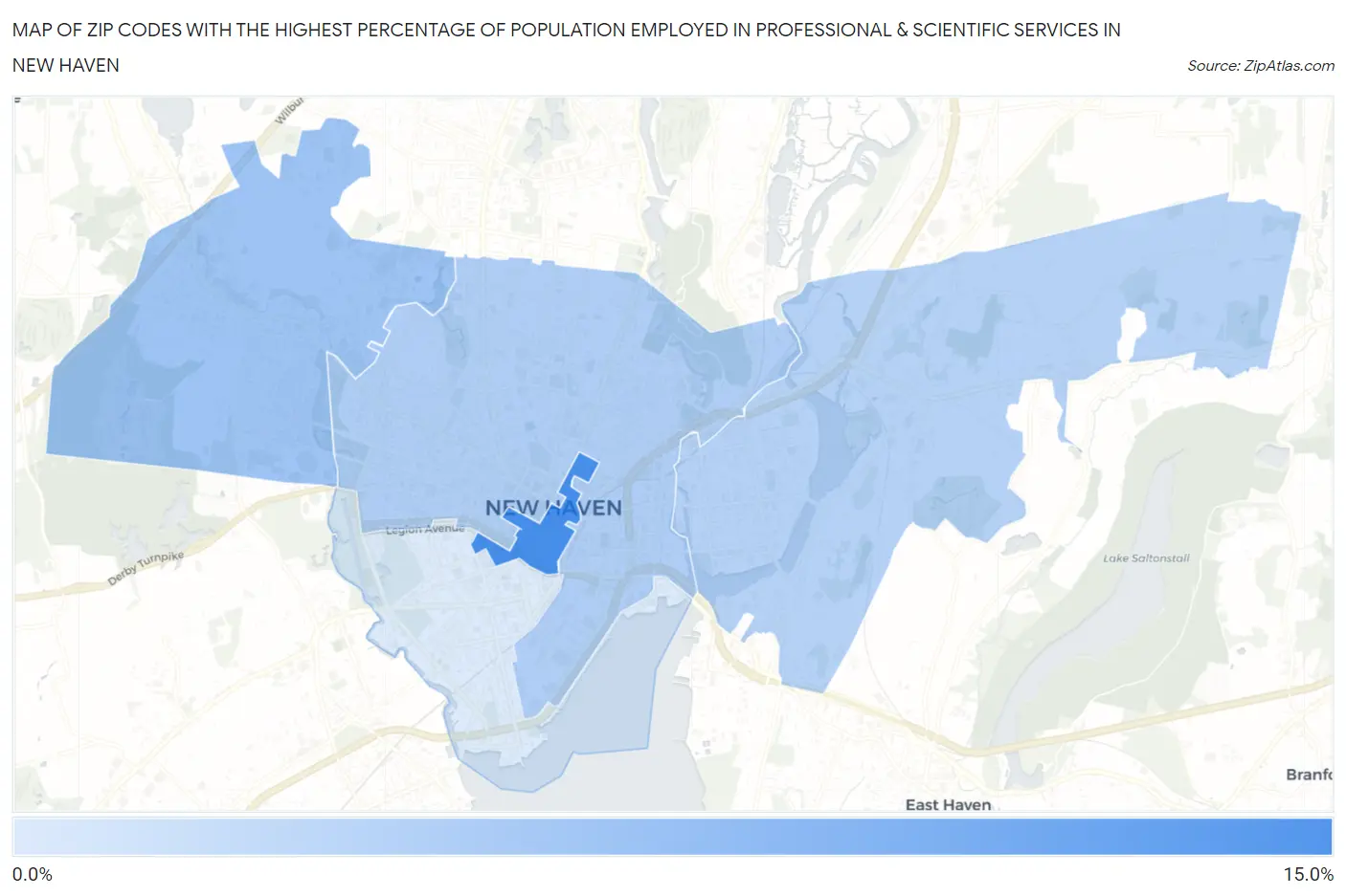 Zip Codes with the Highest Percentage of Population Employed in Professional & Scientific Services in New Haven Map