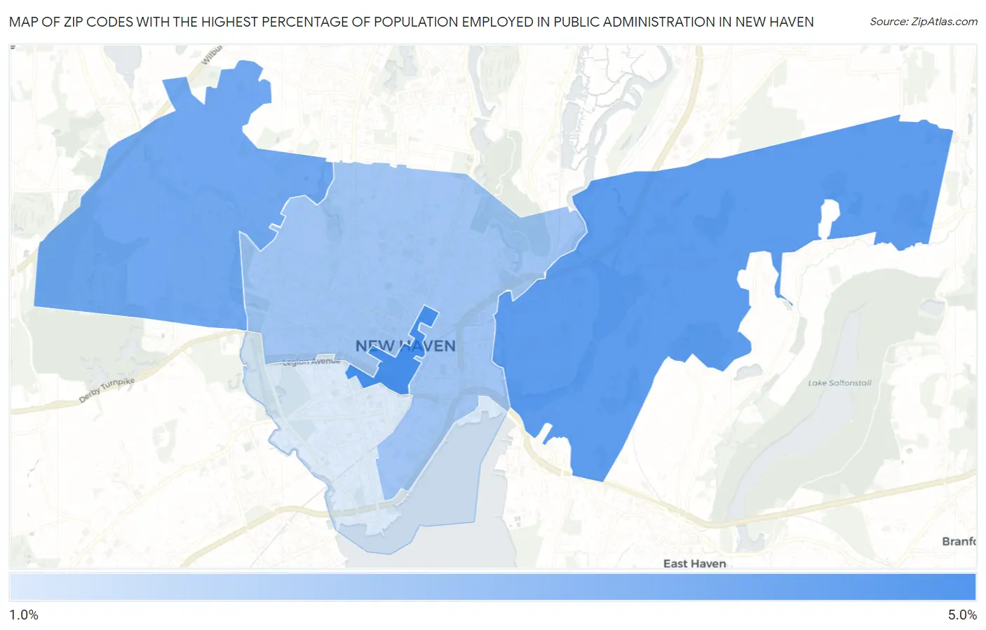 Zip Codes with the Highest Percentage of Population Employed in Public Administration in New Haven Map