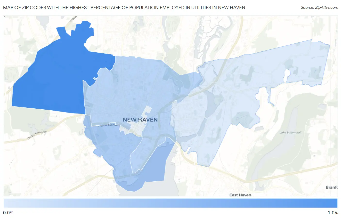 Zip Codes with the Highest Percentage of Population Employed in Utilities in New Haven Map