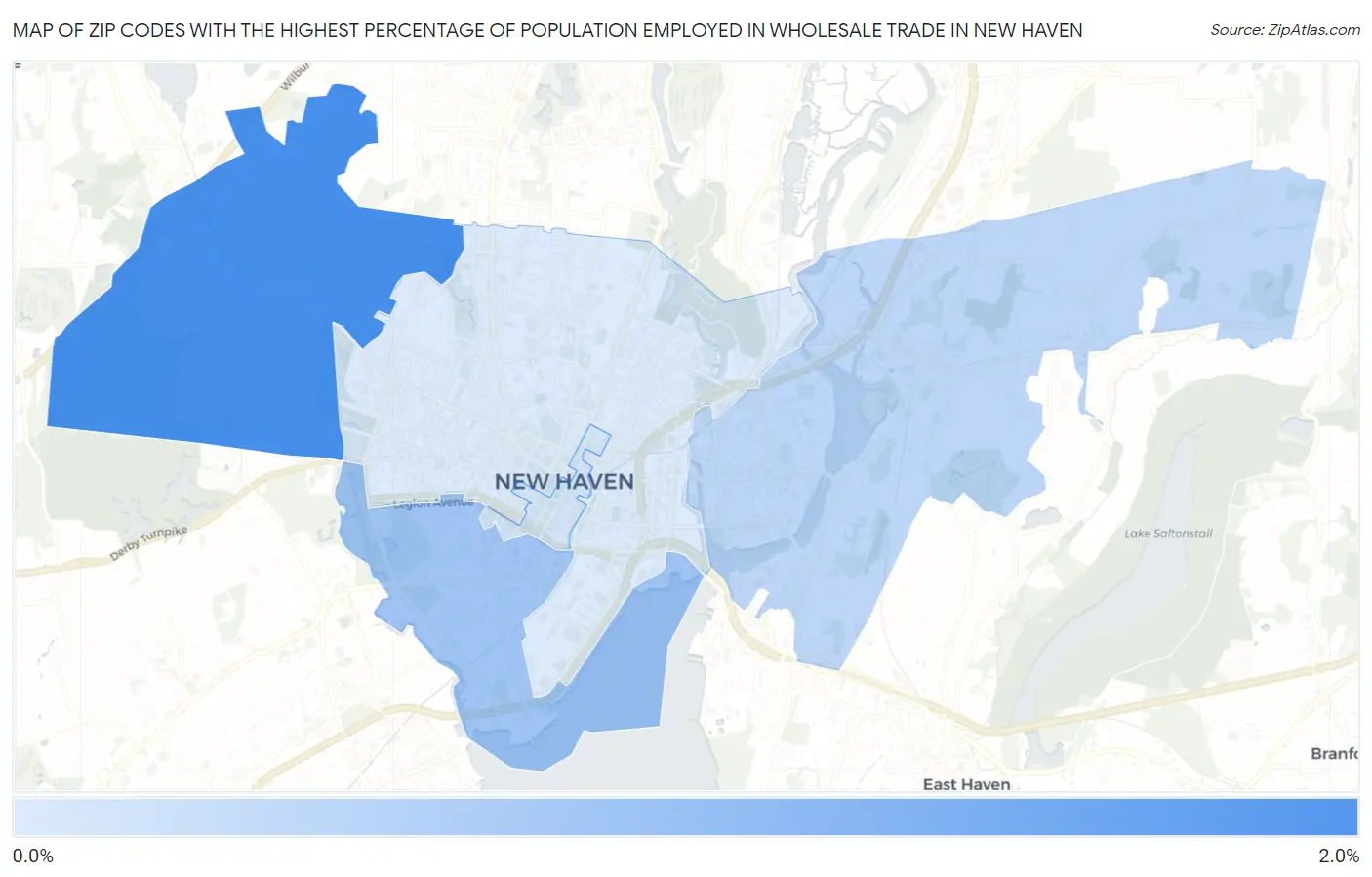 Zip Codes with the Highest Percentage of Population Employed in Wholesale Trade in New Haven Map