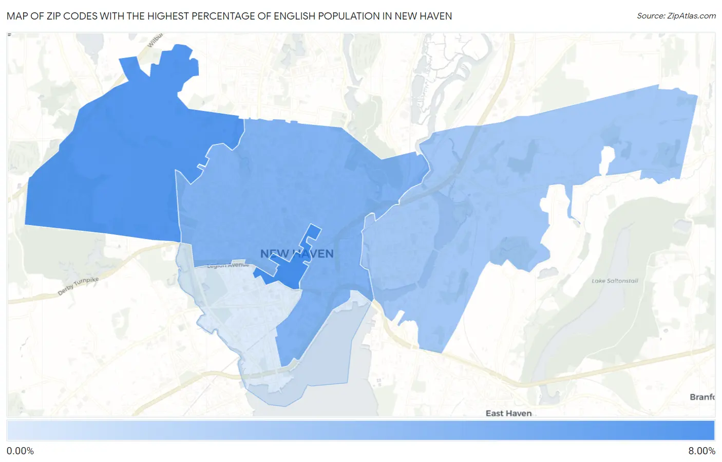 Zip Codes with the Highest Percentage of English Population in New Haven Map