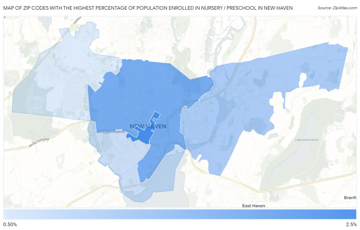 Zip Codes with the Highest Percentage of Population Enrolled in Nursery / Preschool in New Haven Map