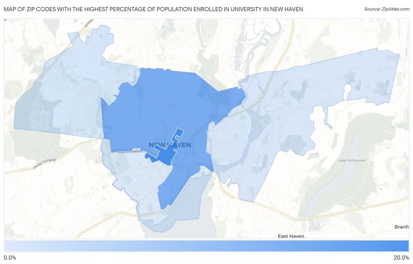 Zip Codes with the Highest Percentage of Population Enrolled in University in New Haven Map