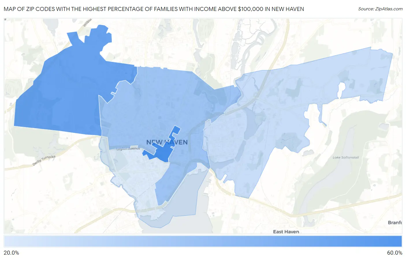 Zip Codes with the Highest Percentage of Families with Income Above $100,000 in New Haven Map