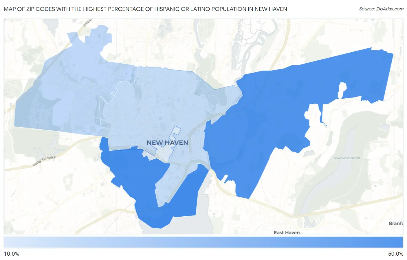 Zip Codes with the Highest Percentage of Hispanic or Latino Population in New Haven Map