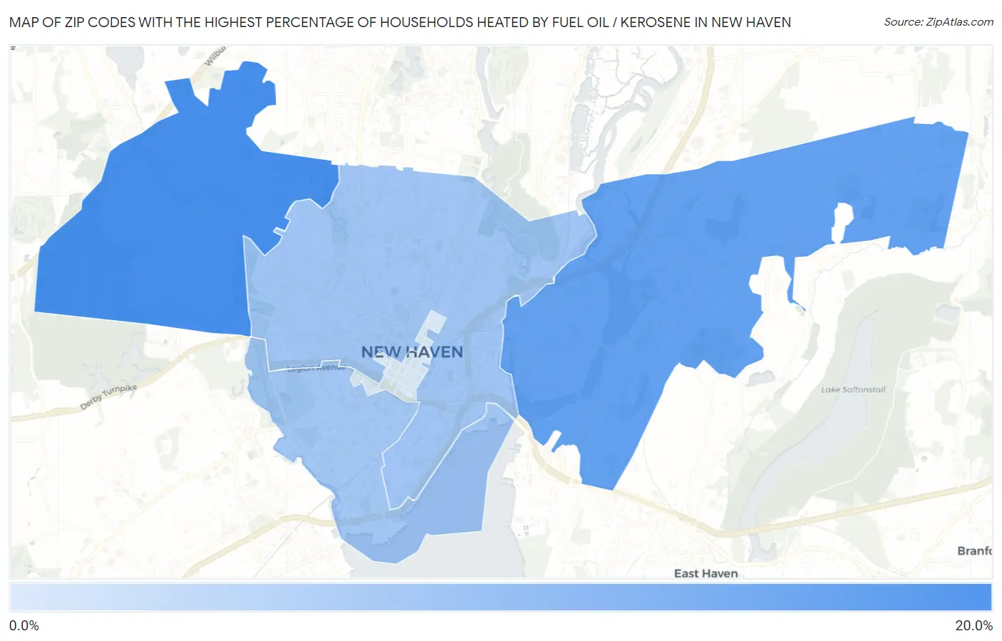Zip Codes with the Highest Percentage of Households Heated by Fuel Oil / Kerosene in New Haven Map