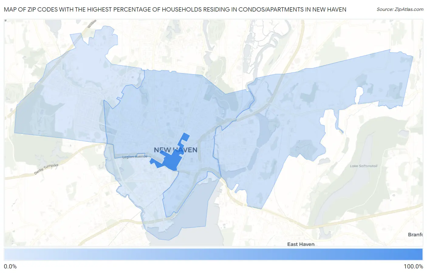 Zip Codes with the Highest Percentage of Households Residing in Condos/Apartments in New Haven Map