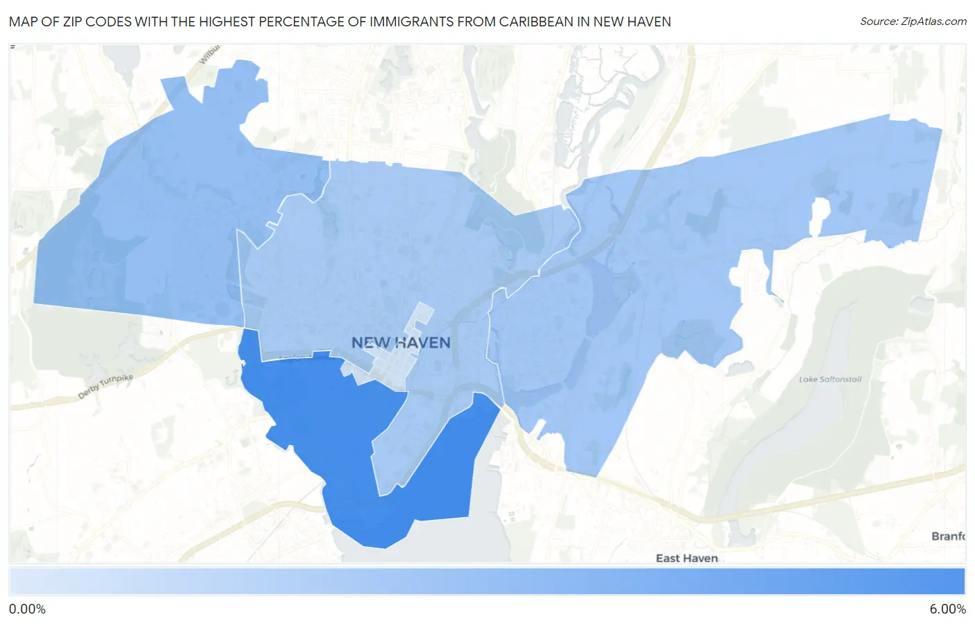 Zip Codes with the Highest Percentage of Immigrants from Caribbean in New Haven Map