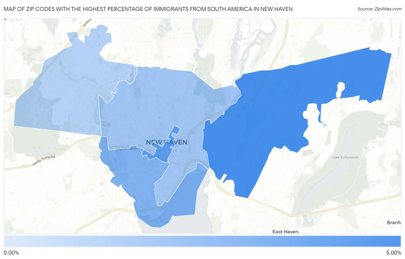 Zip Codes with the Highest Percentage of Immigrants from South America in New Haven Map