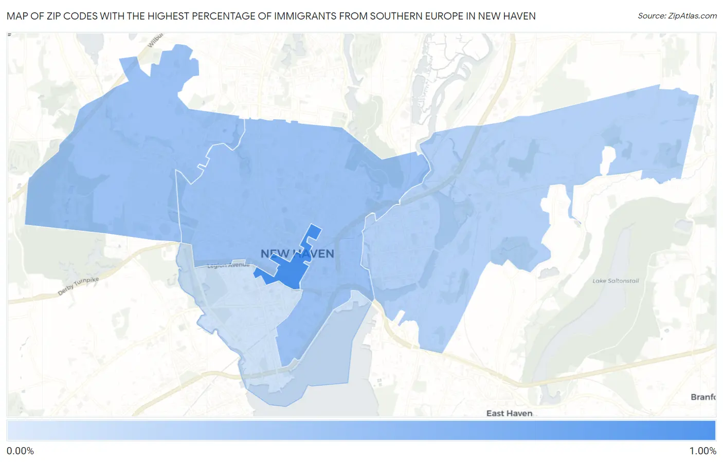 Zip Codes with the Highest Percentage of Immigrants from Southern Europe in New Haven Map