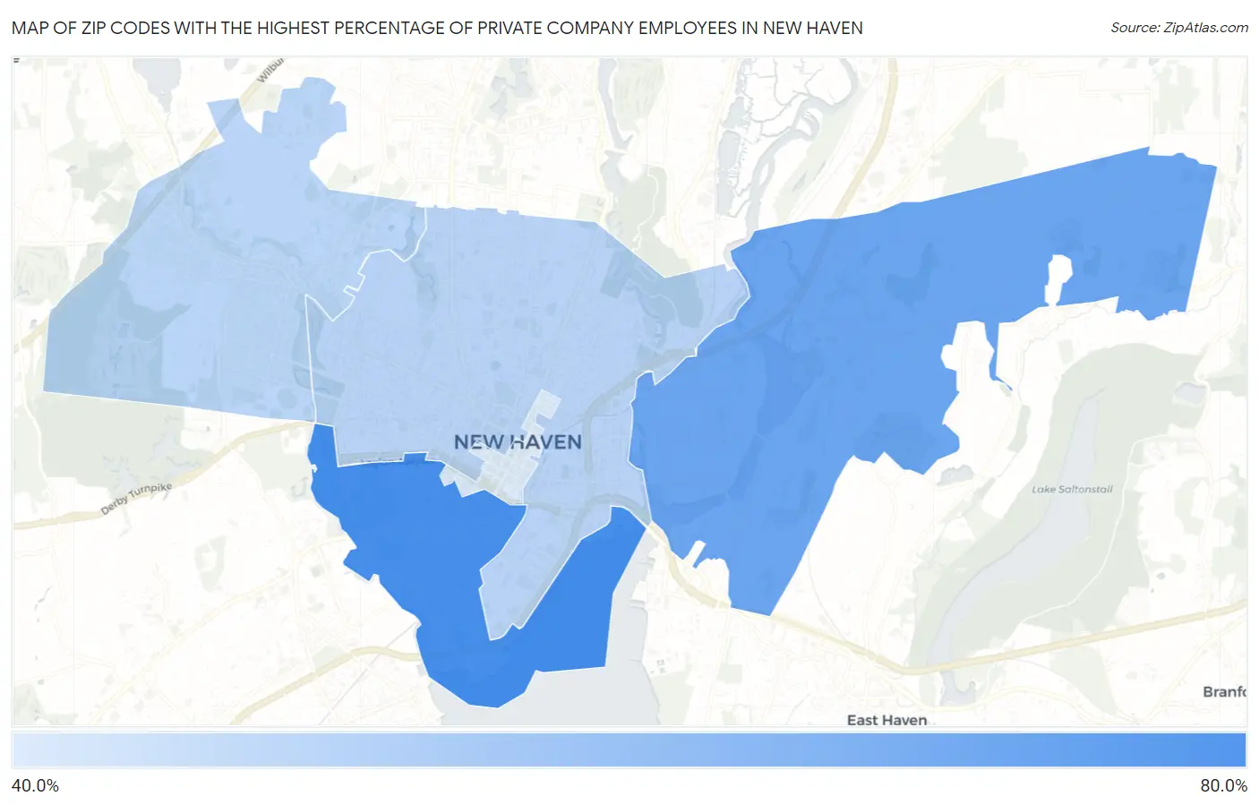 Zip Codes with the Highest Percentage of Private Company Employees in New Haven Map