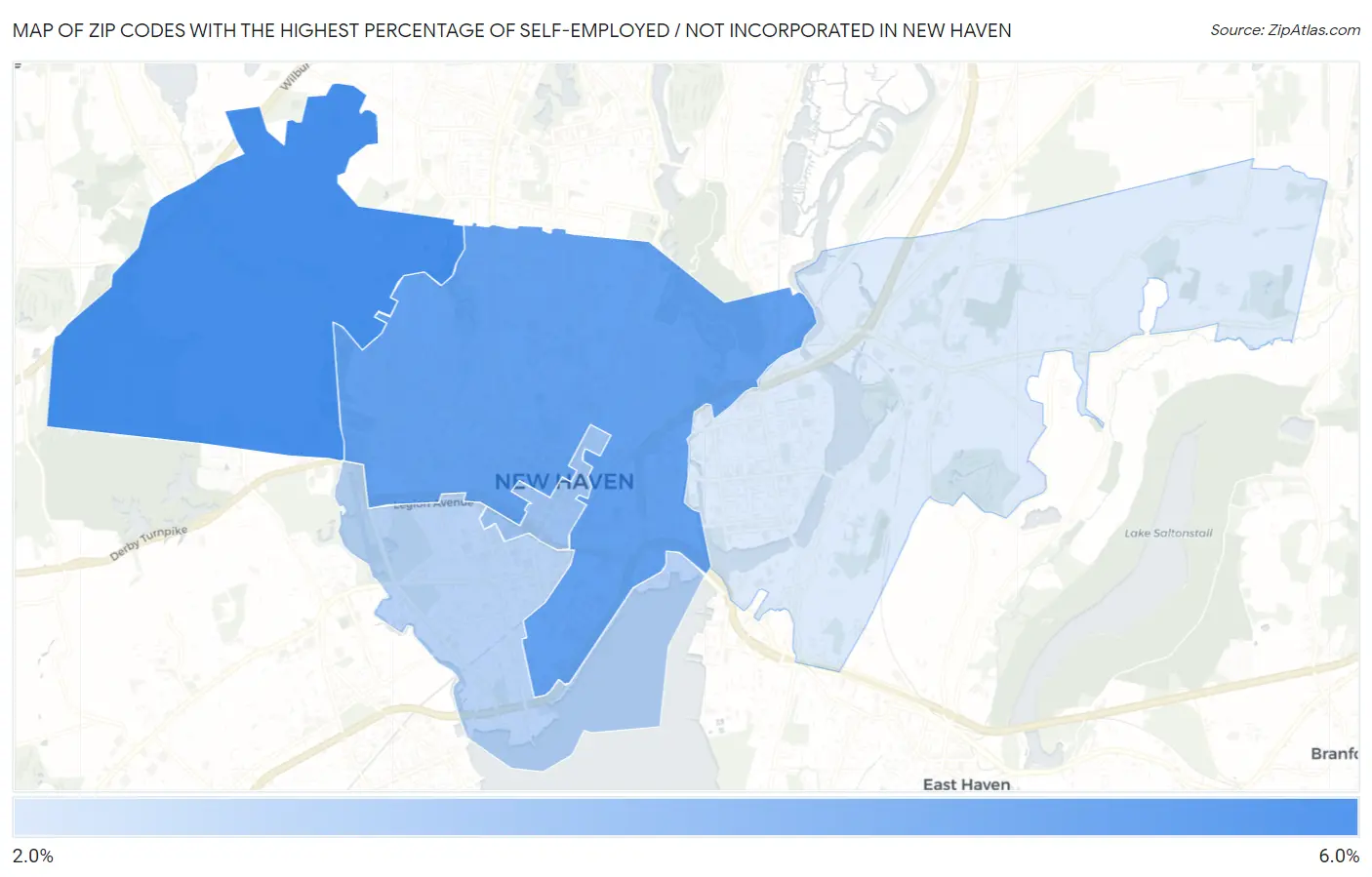 Zip Codes with the Highest Percentage of Self-Employed / Not Incorporated in New Haven Map