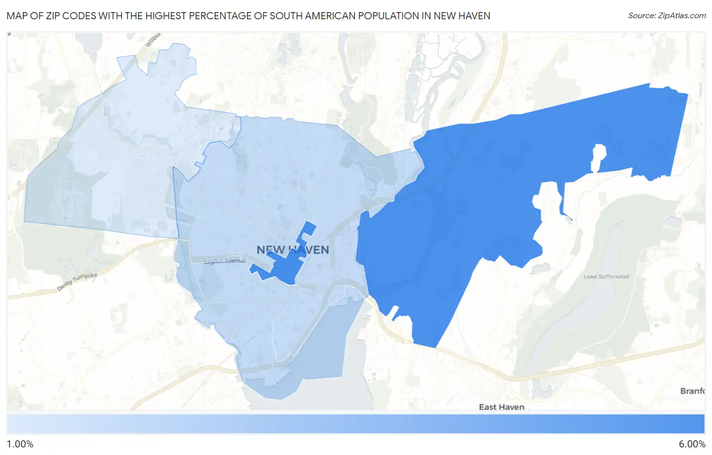 Zip Codes with the Highest Percentage of South American Population in New Haven Map