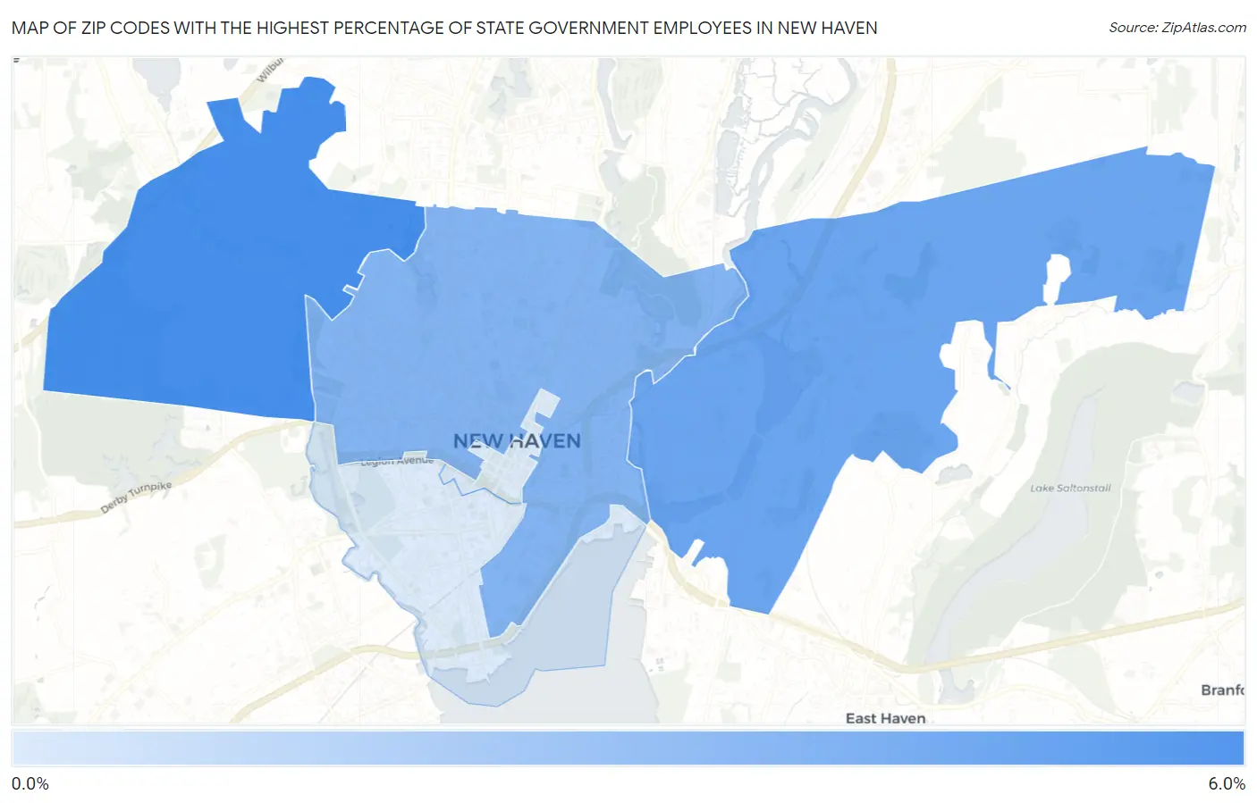 Zip Codes with the Highest Percentage of State Government Employees in New Haven Map
