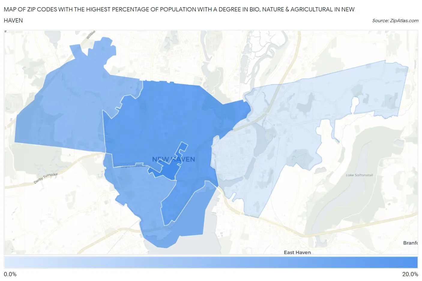 Zip Codes with the Highest Percentage of Population with a Degree in Bio, Nature & Agricultural in New Haven Map