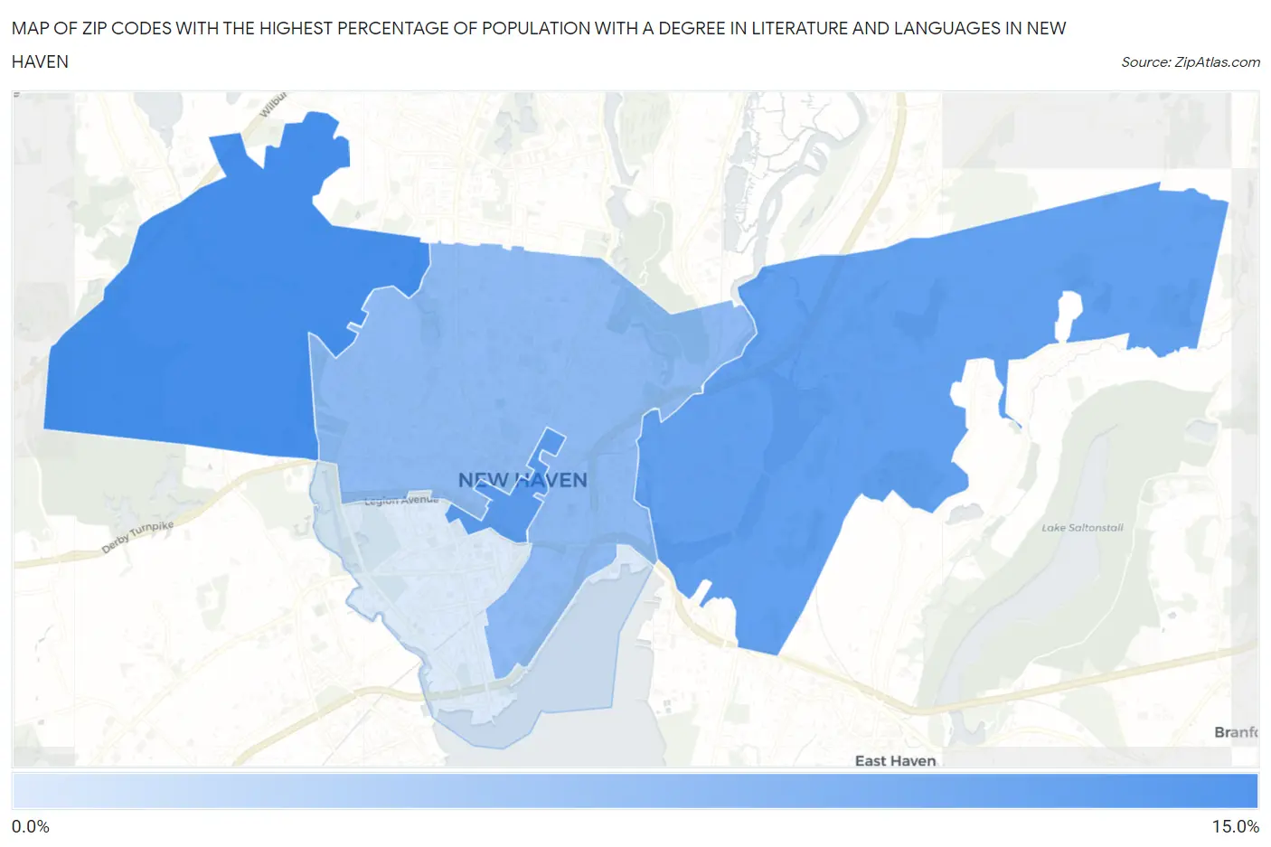Zip Codes with the Highest Percentage of Population with a Degree in Literature and Languages in New Haven Map
