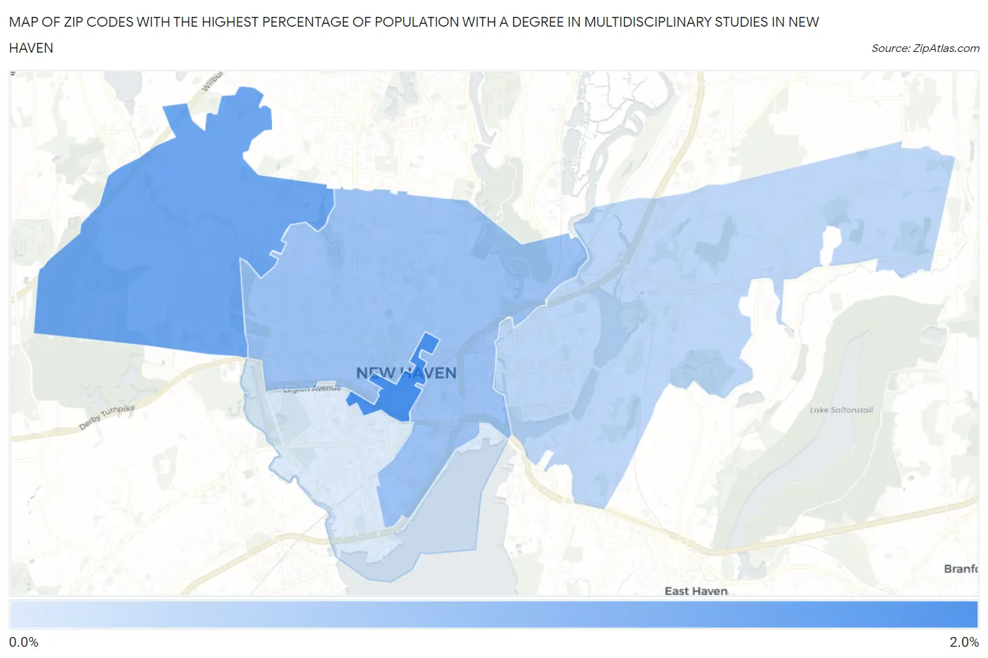 Zip Codes with the Highest Percentage of Population with a Degree in Multidisciplinary Studies in New Haven Map