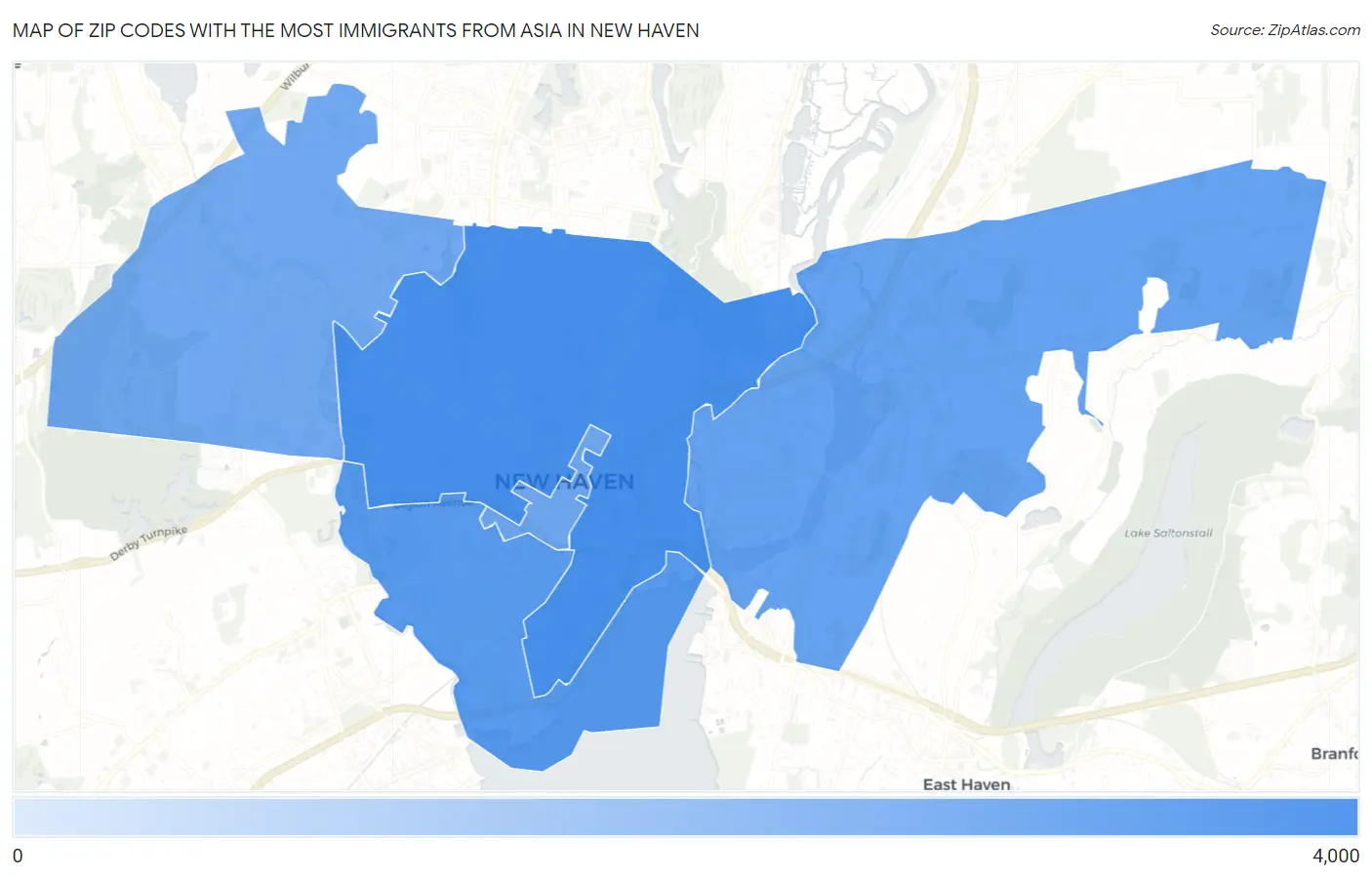 Zip Codes with the Most Immigrants from Asia in New Haven Map