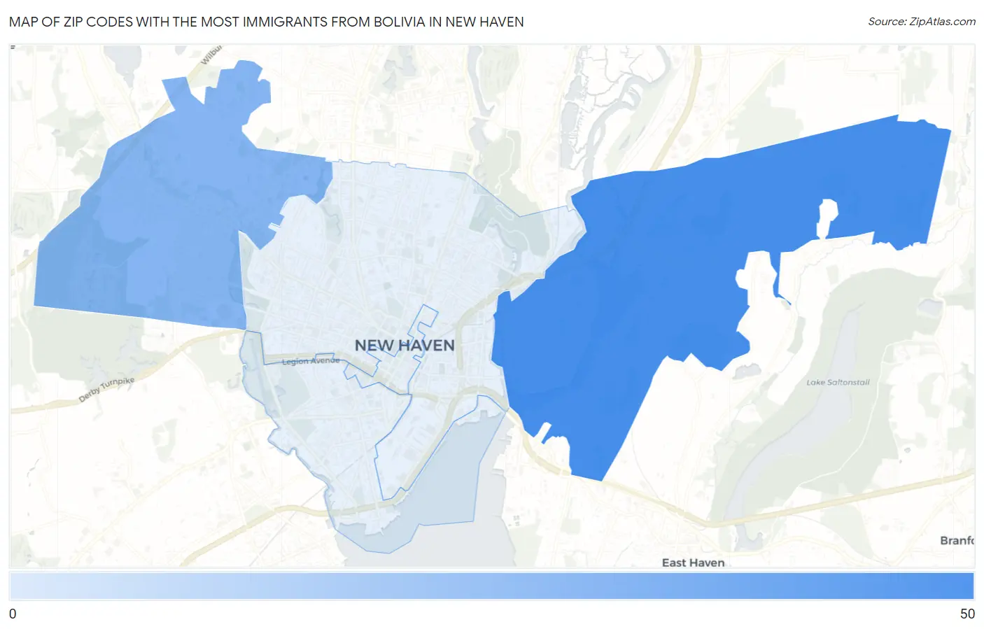 Zip Codes with the Most Immigrants from Bolivia in New Haven Map