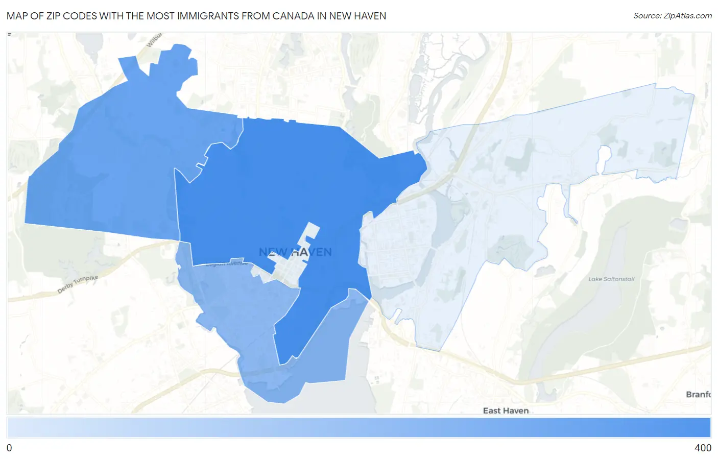 Zip Codes with the Most Immigrants from Canada in New Haven Map