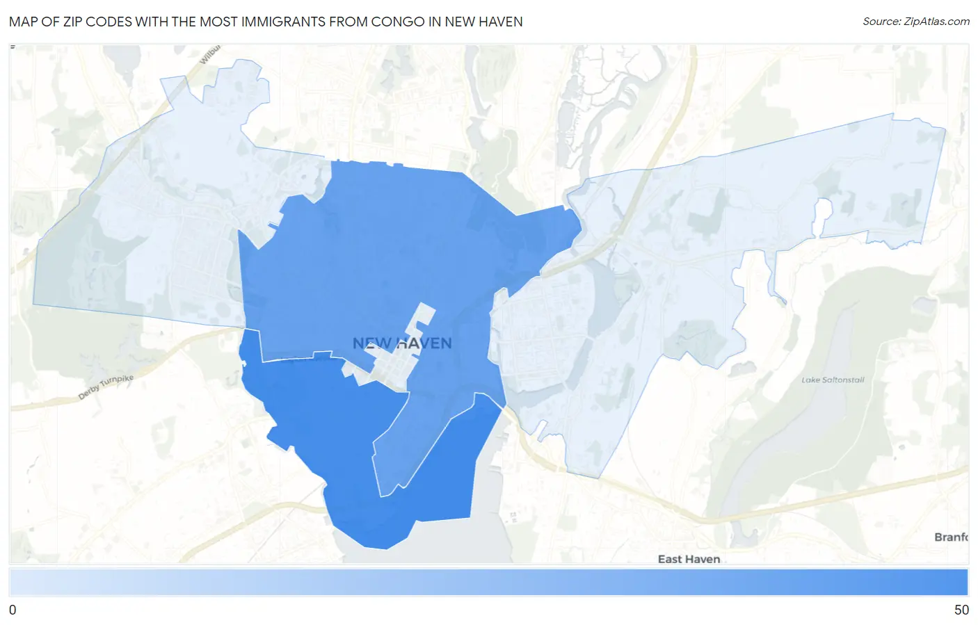 Zip Codes with the Most Immigrants from Congo in New Haven Map