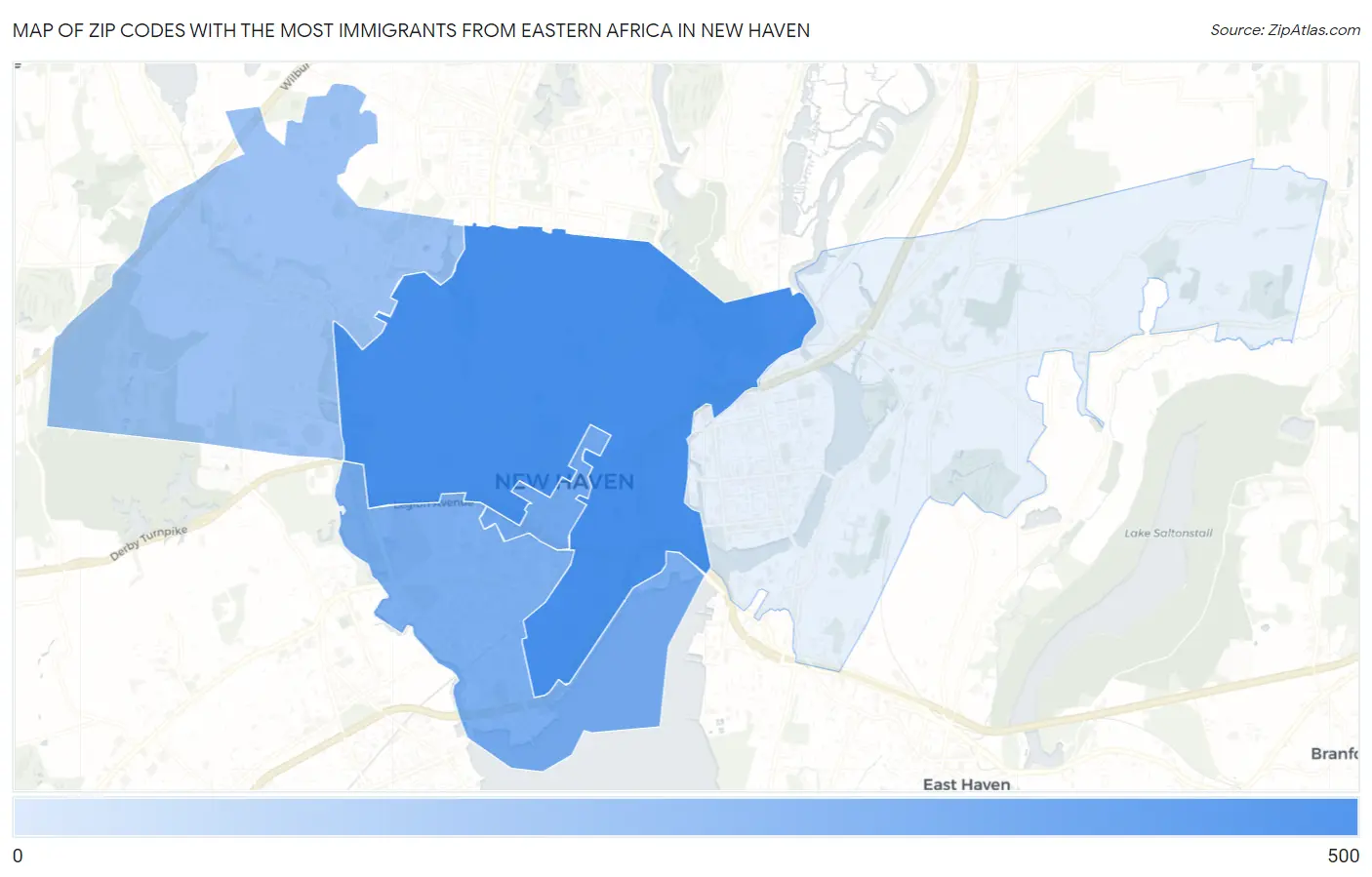 Zip Codes with the Most Immigrants from Eastern Africa in New Haven Map