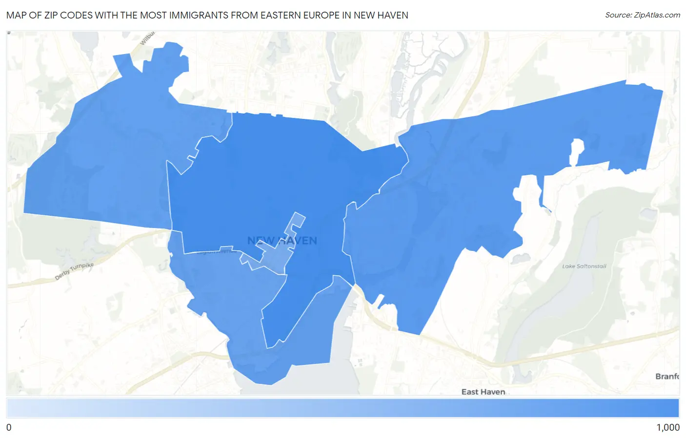 Zip Codes with the Most Immigrants from Eastern Europe in New Haven Map