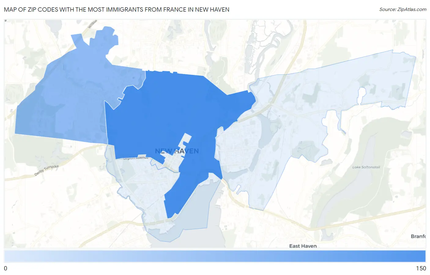 Zip Codes with the Most Immigrants from France in New Haven Map