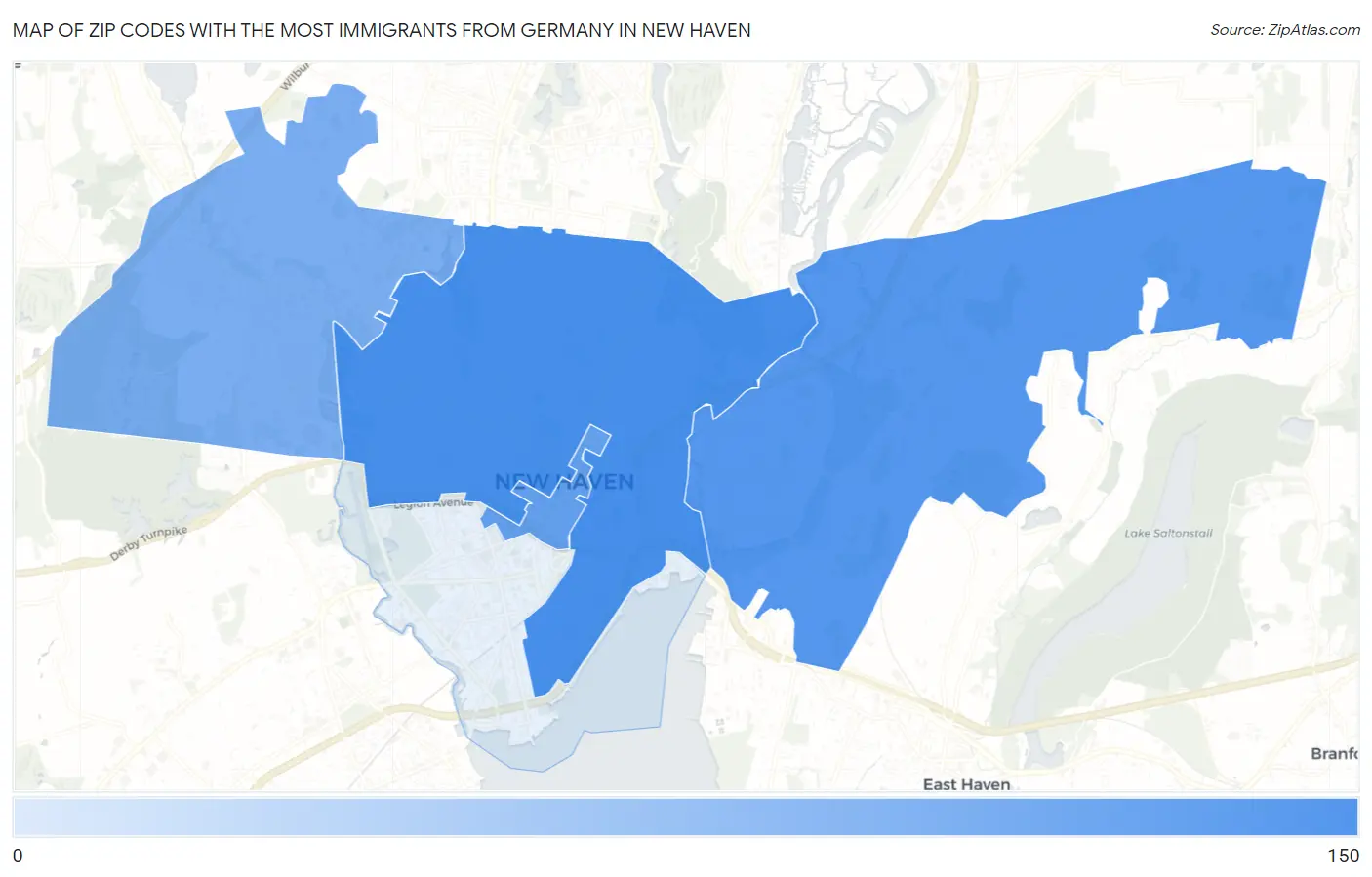 Zip Codes with the Most Immigrants from Germany in New Haven Map