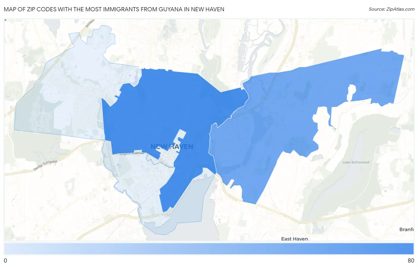 Zip Codes with the Most Immigrants from Guyana in New Haven Map