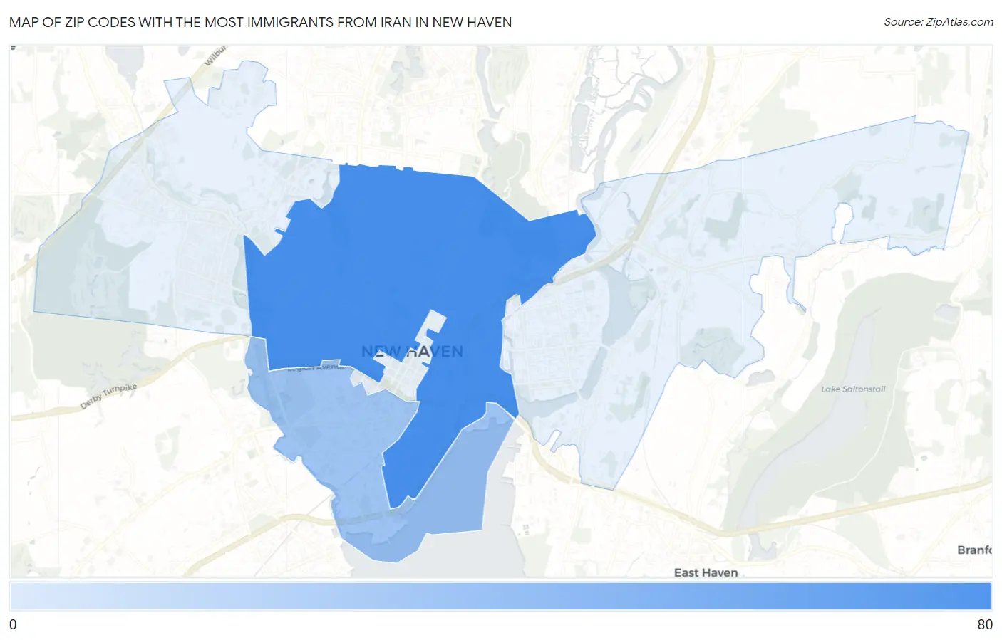 Zip Codes with the Most Immigrants from Iran in New Haven Map