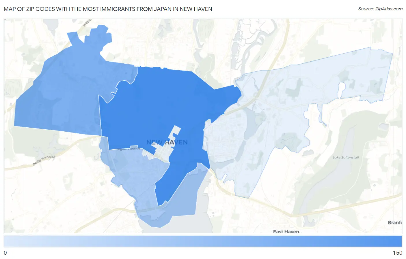 Zip Codes with the Most Immigrants from Japan in New Haven Map