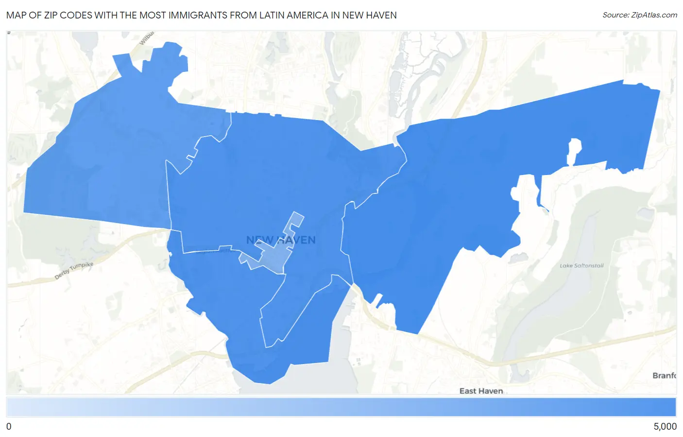 Zip Codes with the Most Immigrants from Latin America in New Haven Map