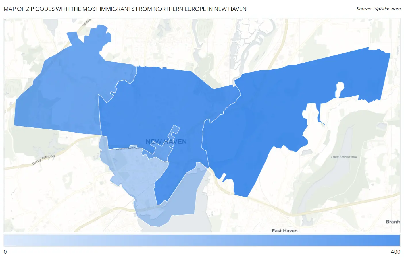 Zip Codes with the Most Immigrants from Northern Europe in New Haven Map