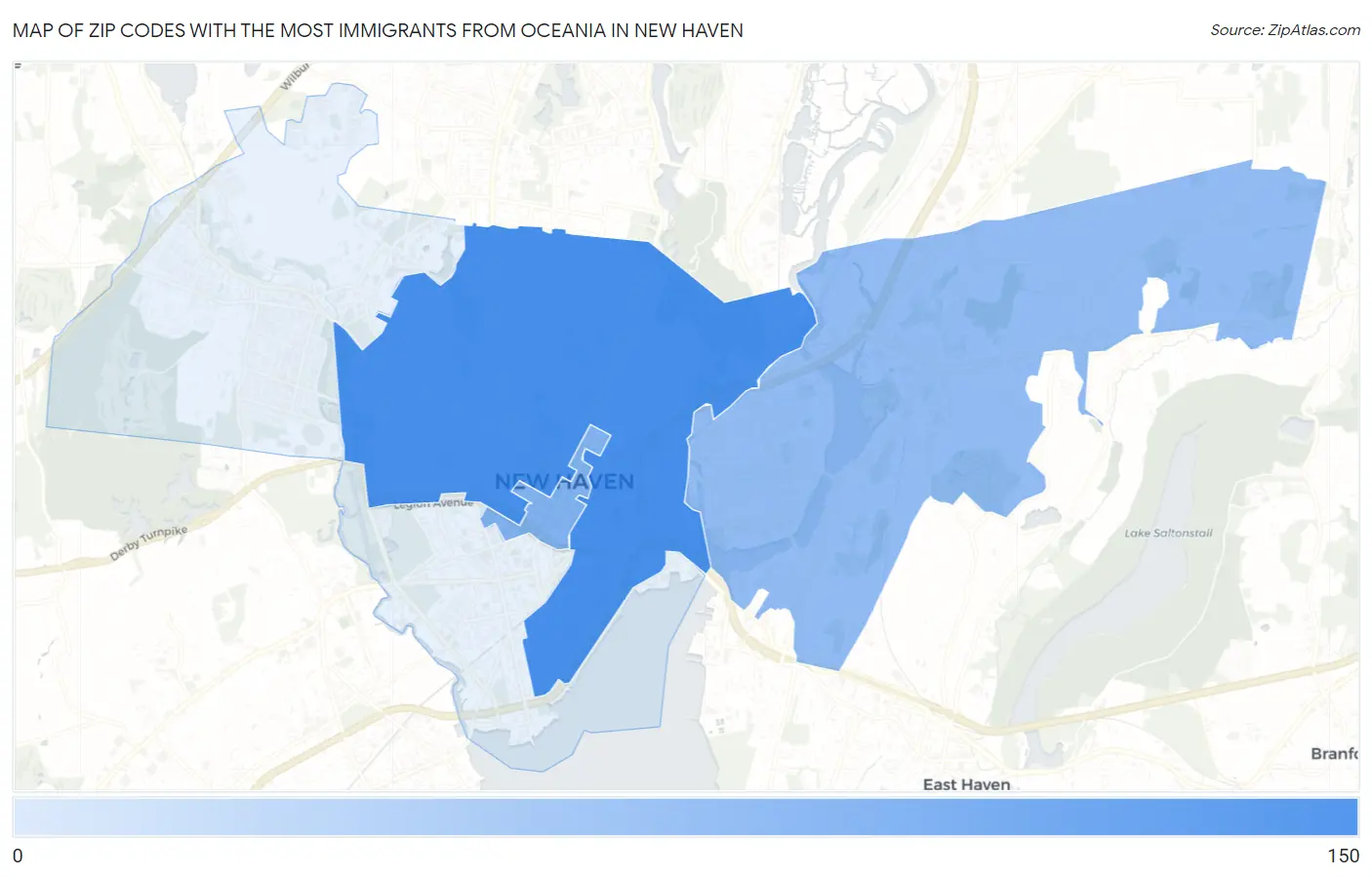 Zip Codes with the Most Immigrants from Oceania in New Haven Map