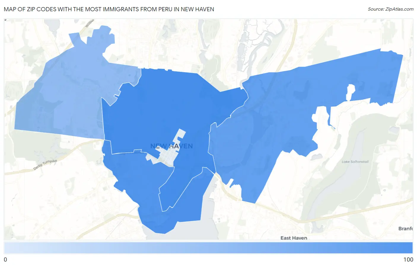 Zip Codes with the Most Immigrants from Peru in New Haven Map