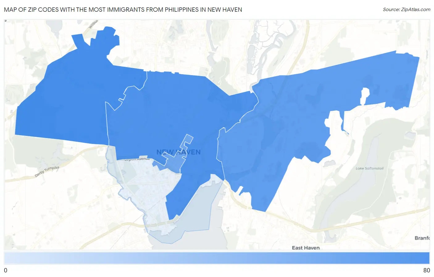 Zip Codes with the Most Immigrants from Philippines in New Haven Map