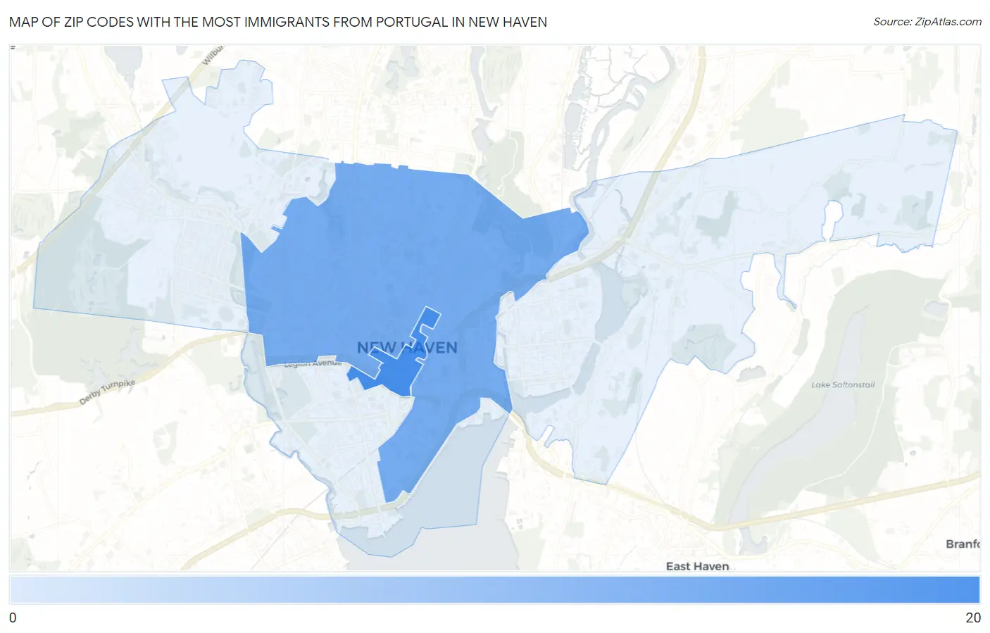Zip Codes with the Most Immigrants from Portugal in New Haven Map
