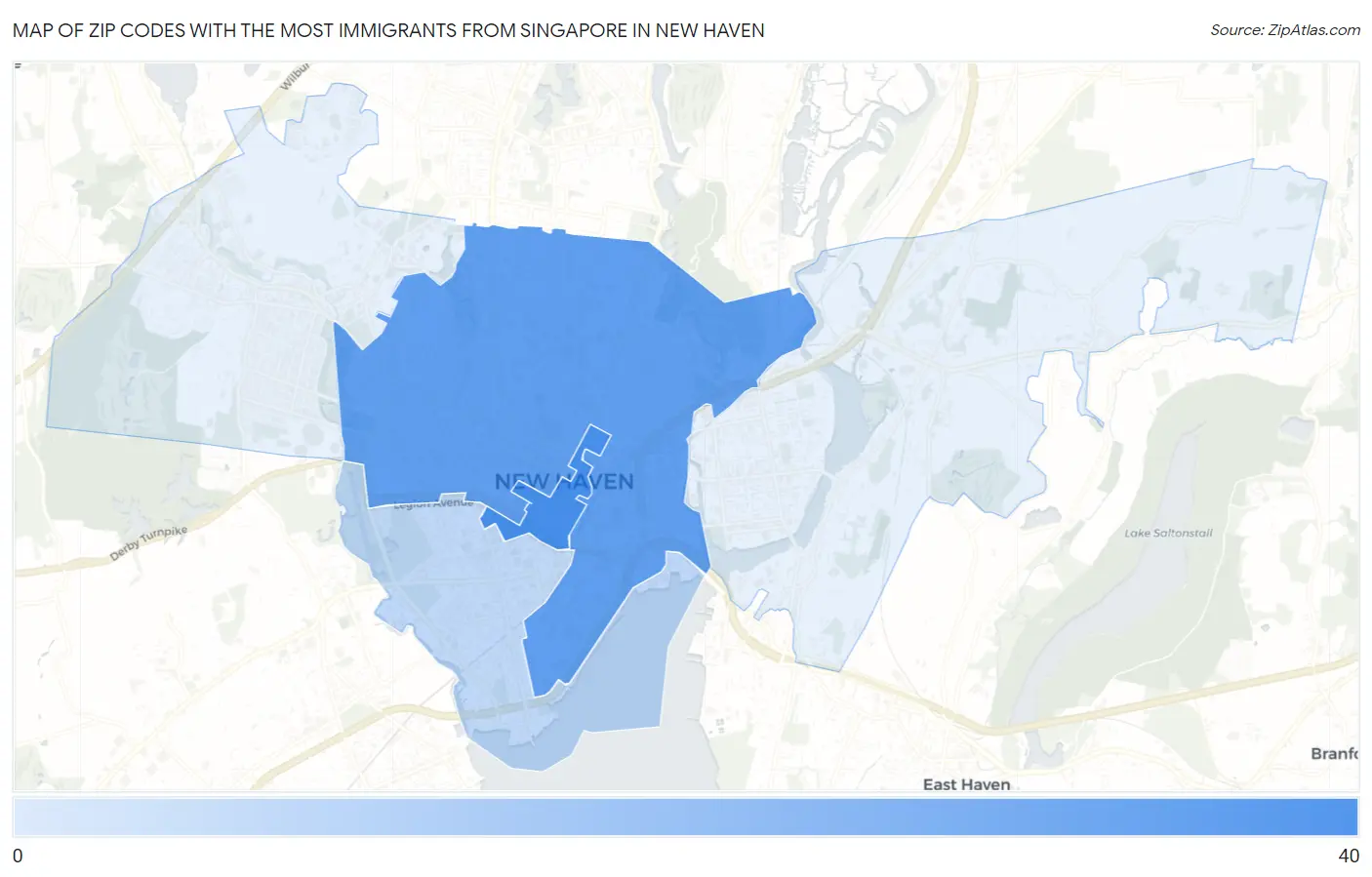 Zip Codes with the Most Immigrants from Singapore in New Haven Map
