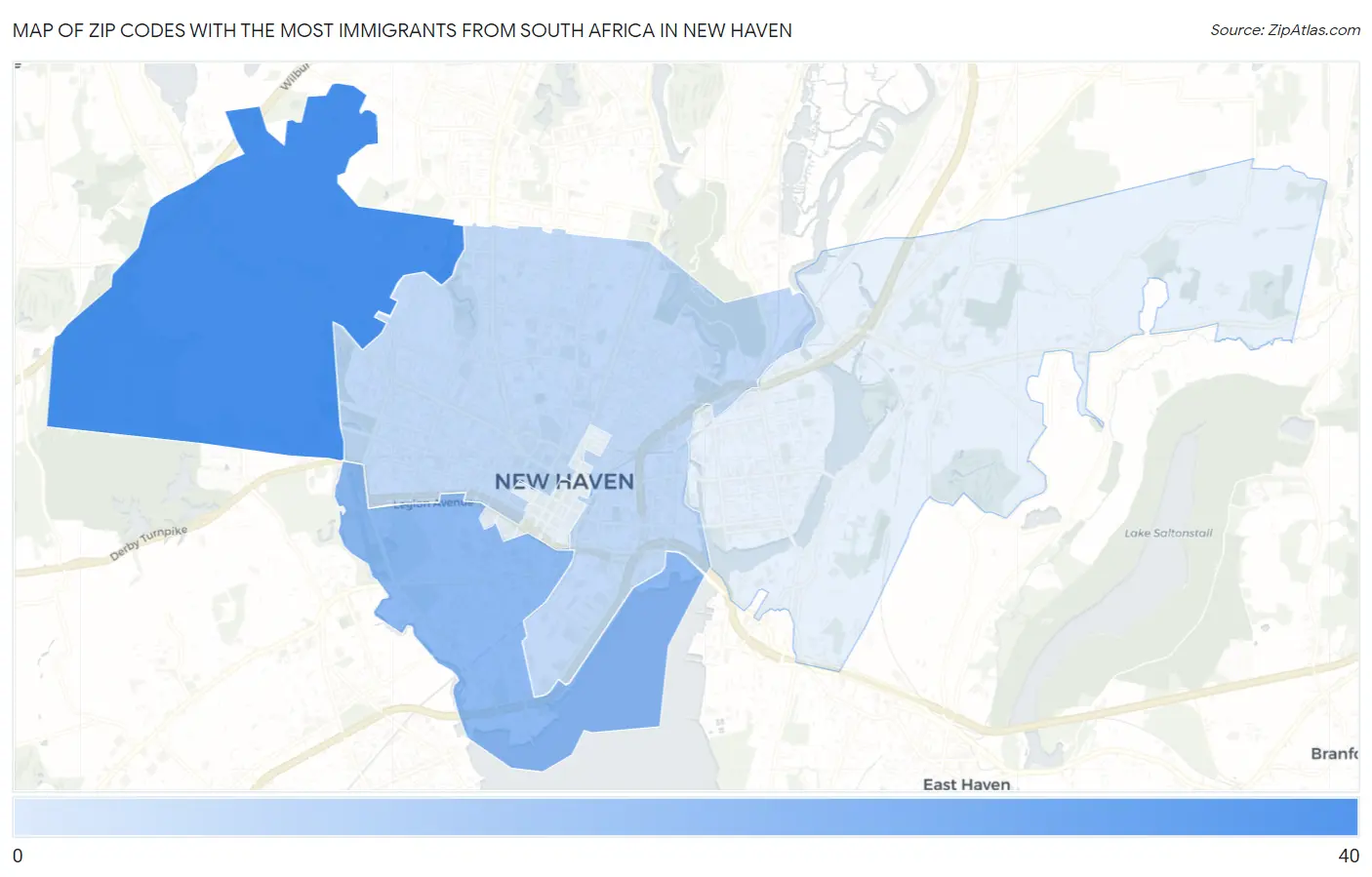 Zip Codes with the Most Immigrants from South Africa in New Haven Map