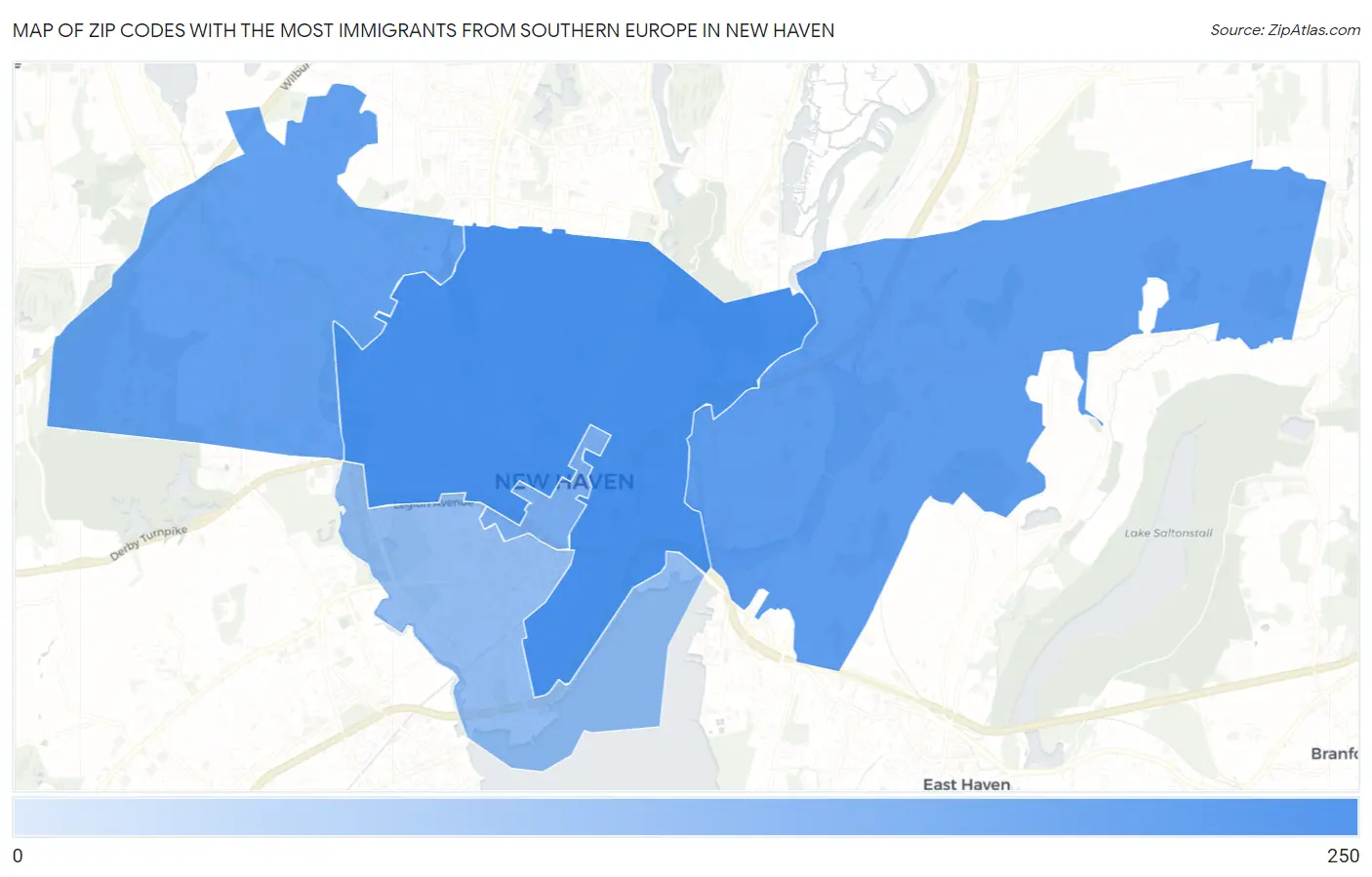 Zip Codes with the Most Immigrants from Southern Europe in New Haven Map