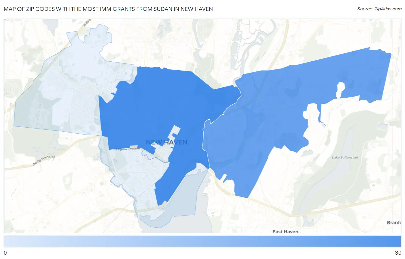 Zip Codes with the Most Immigrants from Sudan in New Haven Map