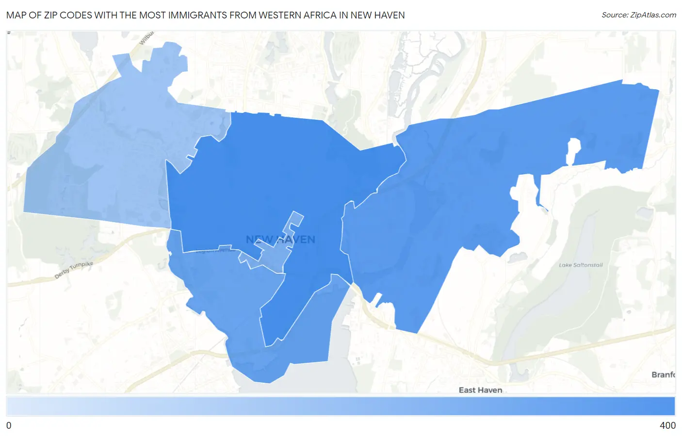 Zip Codes with the Most Immigrants from Western Africa in New Haven Map