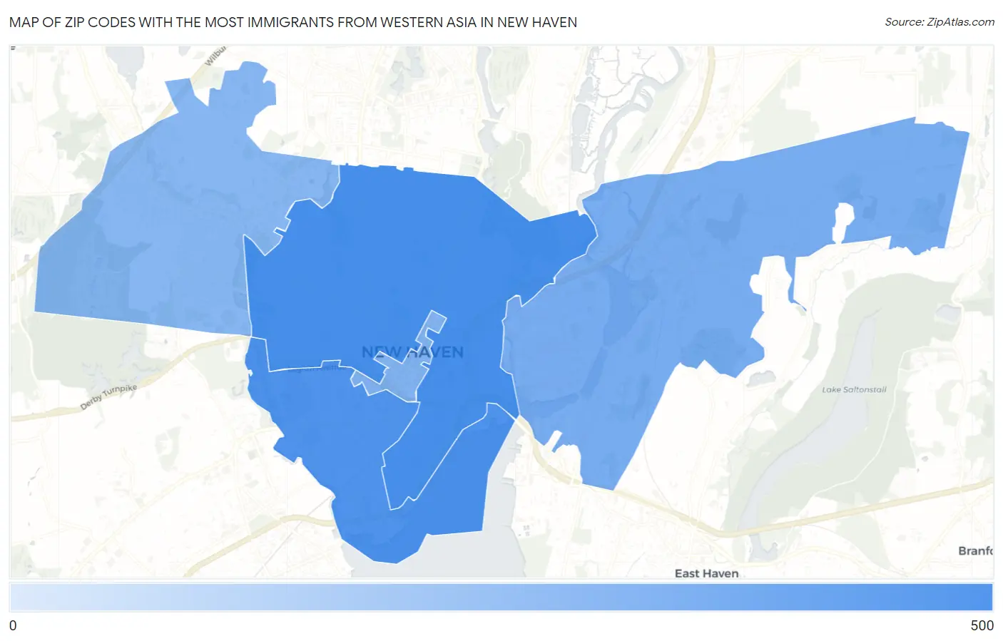 Zip Codes with the Most Immigrants from Western Asia in New Haven Map