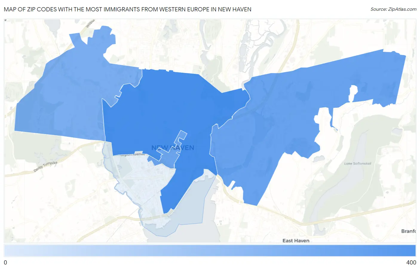 Zip Codes with the Most Immigrants from Western Europe in New Haven Map