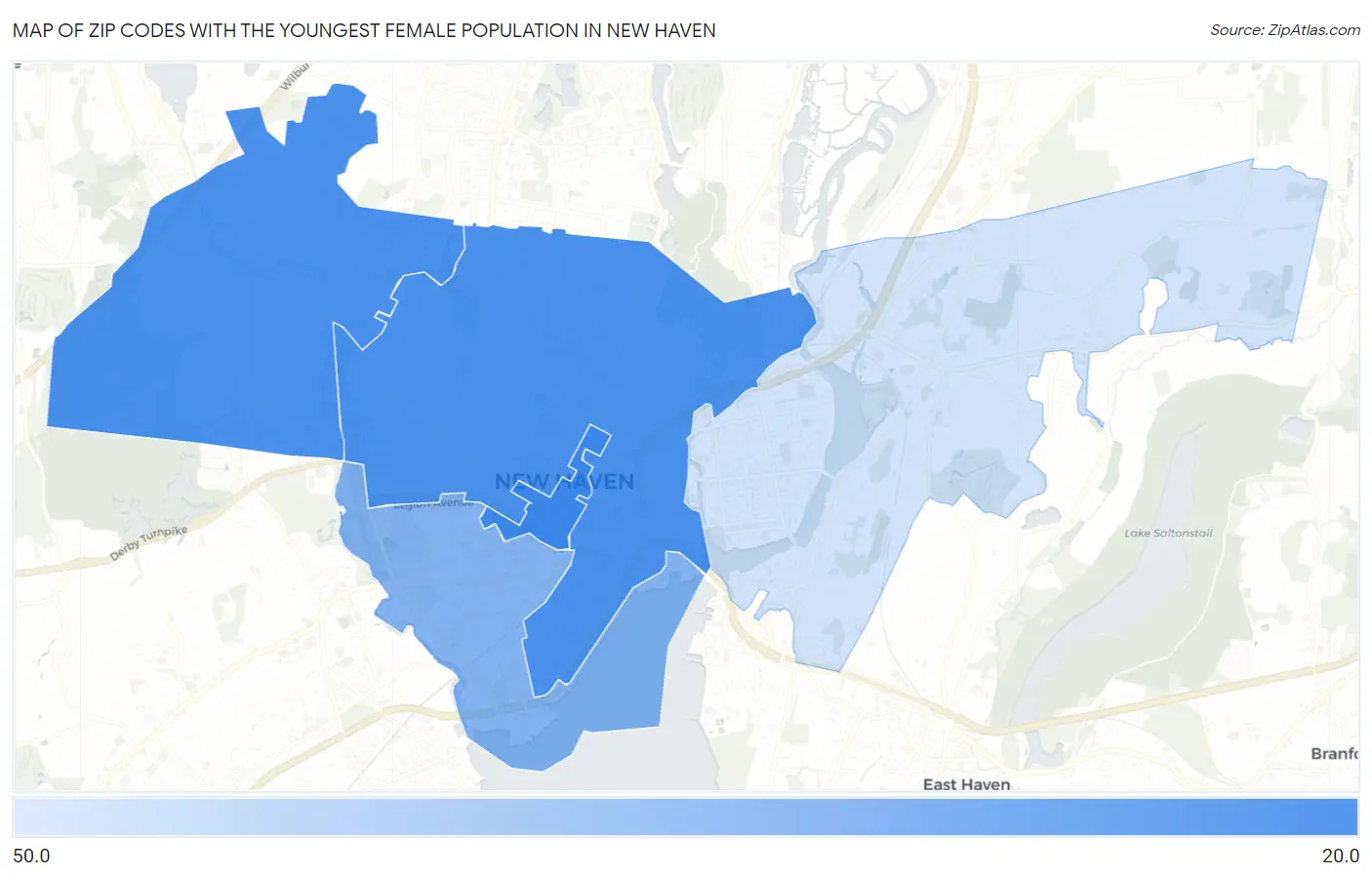 Zip Codes with the Youngest Female Population in New Haven Map