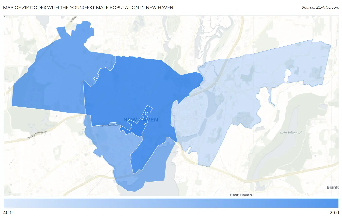 Zip Codes with the Youngest Male Population in New Haven Map