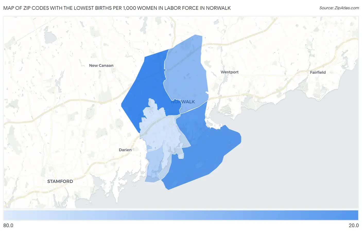 Zip Codes with the Lowest Births per 1,000 Women in Labor Force in Norwalk Map
