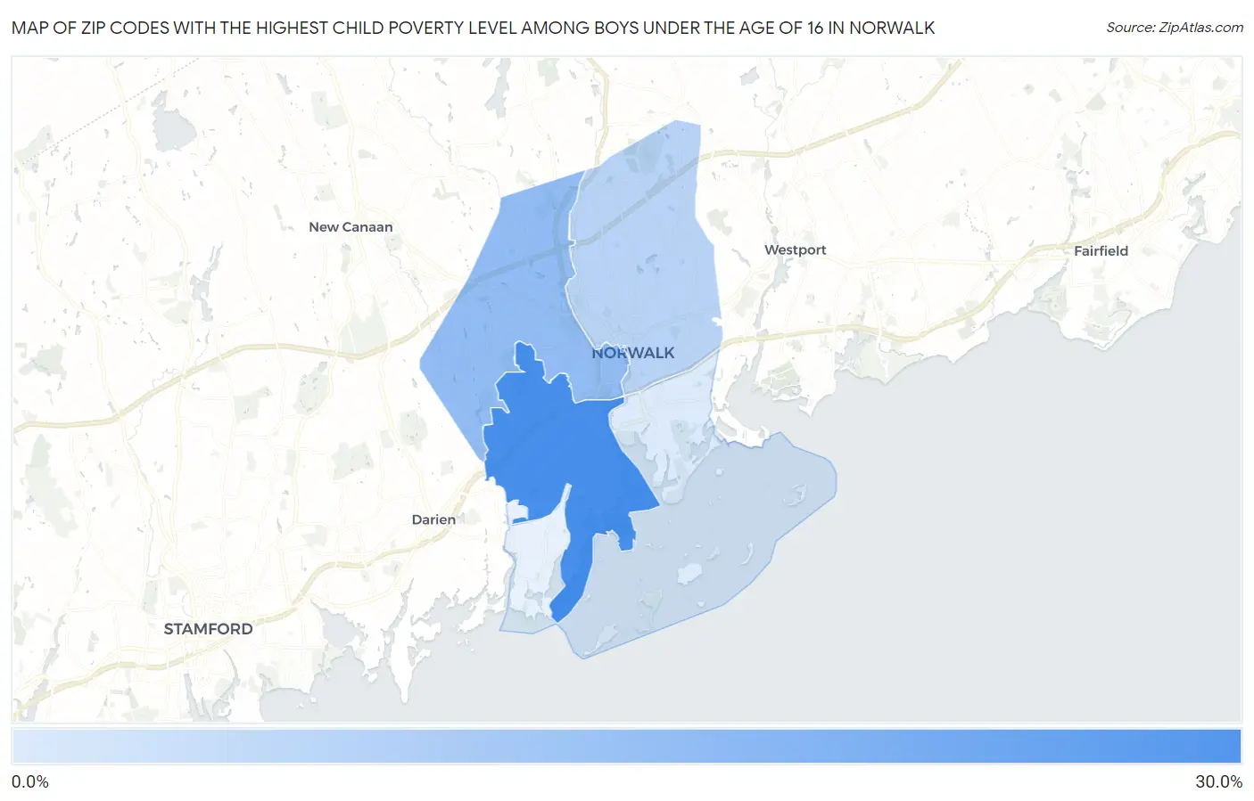 Zip Codes with the Highest Child Poverty Level Among Boys Under the Age of 16 in Norwalk Map