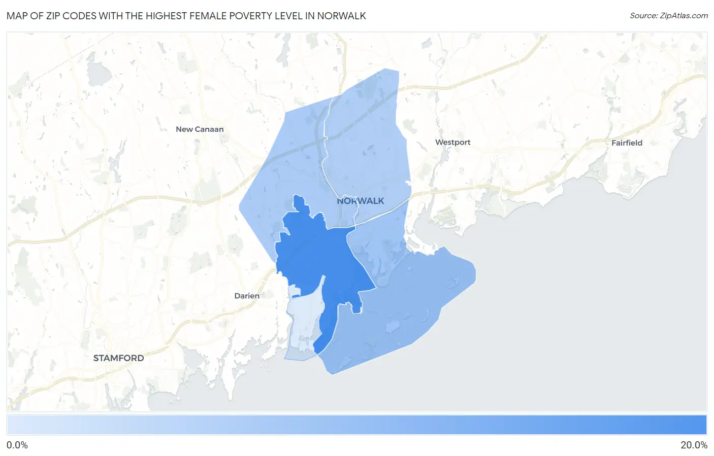 Zip Codes with the Highest Female Poverty Level in Norwalk Map